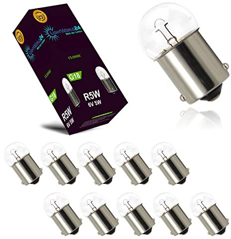 LIGHTWORLD24 Set 10 Lampadine R5W 6V 5W BA15s | Lampada a Sfera G18 per Freno, Stop, Segnale | Auto, Moto, Scooter, Veicoli 6 Volt