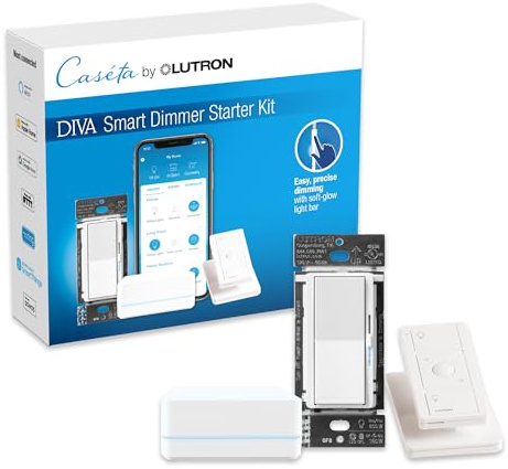 Lutron Diva Smart Dimmer Switch Kit for Caseta Lighting w/ Hub, Pico Remote, Pedestal, and Smart Dimmer, No Neutral Required, Works with Alexa, Apple Home, Ring, & Google Home, DVRF-BDG-1DP-A
