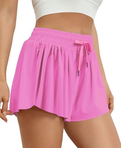 VIGVAN Shorts Damen Sommer Sport Shorts Kurze Hose 2 in 1 Flowy Running Shorts Yoga Biker Shorts Schnelltrocknende Gym Fitness Shorts Sportrock Damen (Rosa, M)