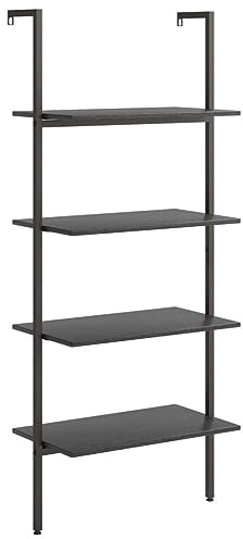vidaXL Black Lean Shelf - 4-Tier Engineered Wood and Steel Construction for Home and Office, Compact Storage Solution.