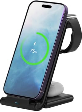 MMOBIEL Trådlös laddningsstation kompatibel med iPhone, Apple Watch och AirPods - hopfällbar 3-i-1 trådlös laddare kompatibel med Qi Magsafe-laddning - induktiv laddare för telefoner - svart