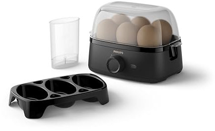Philips Cuece huevos Serie 3000, Tamaño familiar hasta 6 huevos (blandos, medios, duros, escalfados), Fácil de limpiar, Bandeja para escalfar y perforador de huevos, 400 W, Diseño compacto (HD9137/90)