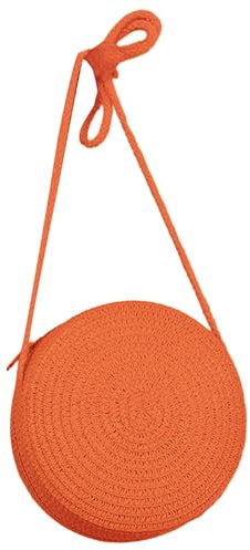 LERONO Damen- und Mädchen-Handtasche, Umhängetasche, einfarbig, handgewebt, Crossbody-Tasche, rund, trendig, Stroh, gewebt, Orange, ca. 16,5 cm
