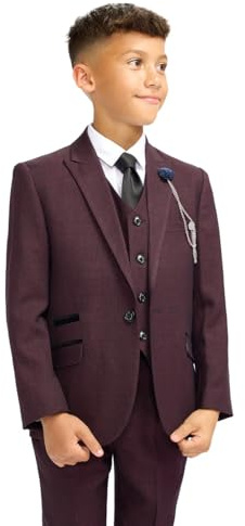 Boys Tweed Houndstooth Check Suit Slim Fit, Burgundy Wine, 3 Piece Caridi Age 14 Years