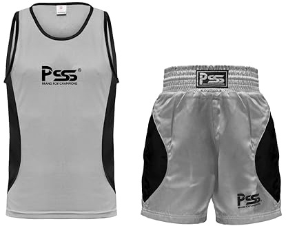 PSS Ultimate barn boxningsuniform set med 2 delar lätt vikt andningsbar och bekväm tygboxning studentuniform för åldrarna 3-14 år, Grå, 9-10 år