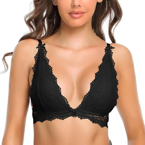 SHEKINI Women's Lace Bra Triangle Bralette Wireless Removable Padded Adjustable Bras Plunge Deep V Neck with Bowknot Breathable Ladies Underwear, Black, S
