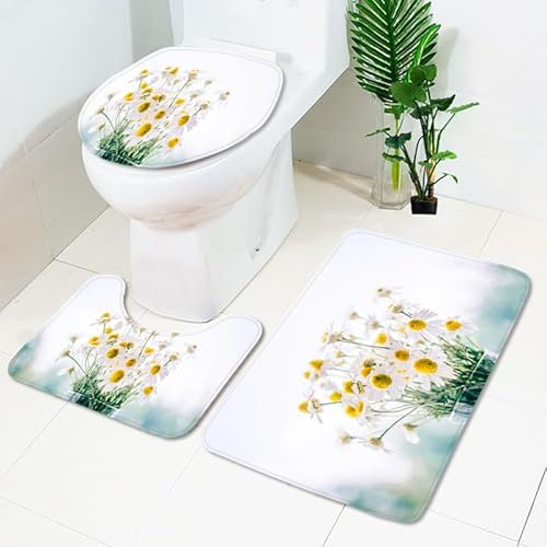 Badezimmerteppich Elegantes Gelb Weiß WC Vorleger mit Ausschnitt WC Deckelbezug 3 Teiliges WC Teppich rutschfeste Badgarnitur U förmiger Badematte Waschbar Bad Teppiche Set 50x80 cm