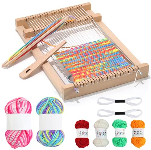 Qcdou Metier a Tisser, Métier à Tisser la Laine, avec Laine Colorée, Bâton de Tissage, Peigne, Aiguille à Tisser en Bois, 19 x 29 cm Métier à Tisser en Bois, Ensemble de Tricot pour Enfants Débutants