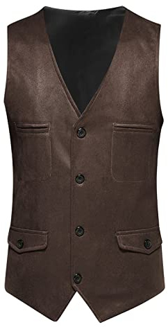 Gilet de costume pour homme - Coupe ajustée - Gilet en cuir - Vintage - Sans manches - Pour le sport - Gilet de moto - Col en V - Avec boutons - Gilet de loisirs - Gilet d'extérieur, café, XXL