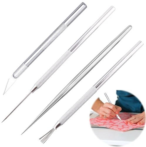4PCS Polymer Clay Tools, 13.5-39mm Detail Modelling Clay Carving Tool, Silver Pottery Sculpture Needle, Seven Book Stitches, Detail Needle, Texture Brush for Carving Sculpting Modeling Crafts