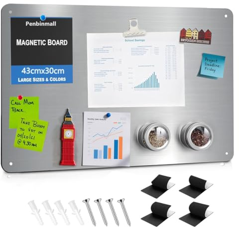 Tableau magnétique 43 x 30 cm - Tableau d'affichage magnétique - En acier inoxydable - Résistant aux rayures - Pour bureau, réfrigérateur, notes - Argenté