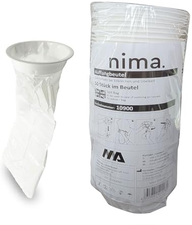 50 Spit Bags with Mouthpiece - Poop Bags & Collection Bags (1000 ml) | Disposable Vomiting Bags for Children & Adults | Nausea, Pregnancy, Car Trip, Plane, Seasickness