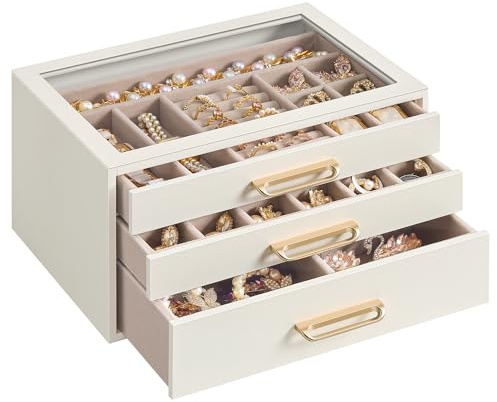 SONGMICS Scatola Portagioie, Porta Gioielli a 3 Livelli con Finestra in Vetro, 3 Cassetti, Capiente, Moderno, Maniglie Dorate, Idea Regalo, 16 x 24 x 12,5 cm, Bianco Crema JBC206WD01