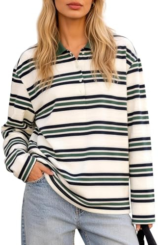 Flygo Womens Rugby Striped Polo Shirts Vintage Long Sleeve V Neck Preppy Pullover Top Y2K Lapel Collar Button Sweatshirts Tee Green L