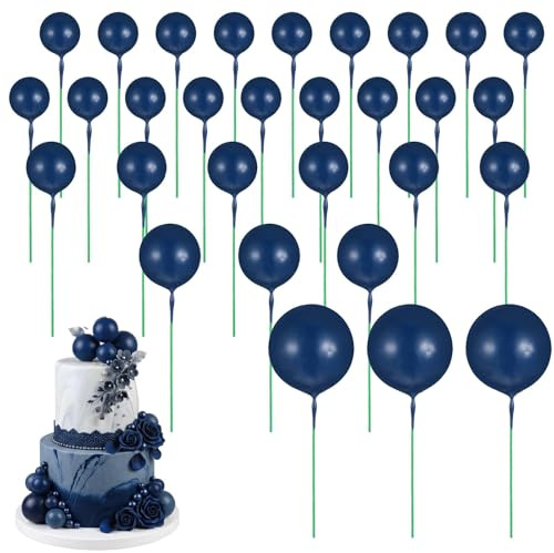30 adornos para tartas de color azul marino, decoración de múltiples tamaños, bolas de globo, decoración de cupcakes, decoración de magdalenas, palillos de espuma con forma de bola para bodas