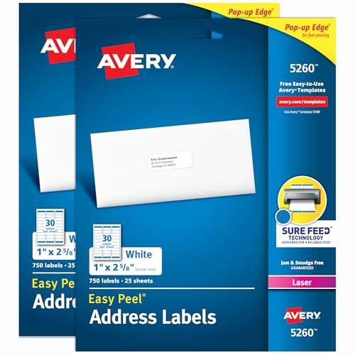 Avery Easy Peel Printable Address Labels with Sure Feed, 1 x 2-5/8 Customizable Stickers, White, 1,500 Blank Mailing Labels, Great for Mailing, Shipping, and More (2-Pack of 5260)