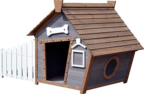 dobar® Große Hundehütte Porch - Hundehaus Massivholz - Hundekäfig Spitzdach mit Veranda - Holzhütte für Mittelgroße Hunde Haustierhütte wetterfest - 146,3 x 90 x 96 cm - Grau