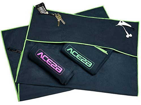 ace2b Fitness Sport Handtuch Mikrofaser – schnelltrocknend, platzsparend, leicht / 2 Taschen mit Überzug für Gerätetraining, Fitnessstudio, Gym / 120x55cm XL groß (grün)