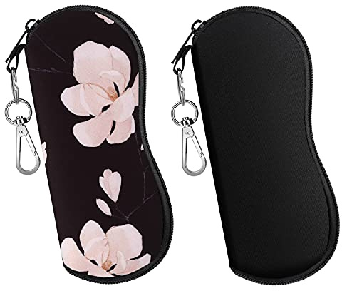 MoKo Étuis à Lunettes, Lot de 2 Pochette à Lunettes de Soleil en Néoprène avec Crochet Portable, Étui pour Lunettes à Fermeture Éclair Anti-rayures pour Homme Femme - Noir + Orchidée Noire et Blanche