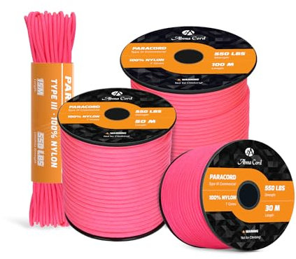 Abma Cord Paracord 550 4mm 30M 100% Nylon Seil Typ III Schnur mit 7 Kern für Basteln, Camping, Survival, Outdoor - Max. 250kg (550lbs) - Neon Pink