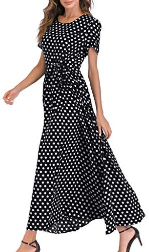 Maxi Dresses for Women UK Sale Clearance Polka Dot Short Sleeve Summer Dresses with Belt Evening Party Holiday Elegant Ladies Wedding Guest Dress Beach Boho Hawaiian Dress Sundress Long Dresses