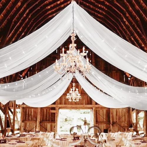 4 Panels White Ceiling Drapes for Wedding Ceiling Drapes 5ftx10ft Wedding Arch Draping Fabric Sheer Curtains Voile Chiffon Drapery Draping Wedding Ceiling Decorations for Party Ceremony Stage Swag