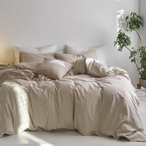 MooMee Striped Duvet Cover Set 100% Washed Cotton Linen Like Textured Breathable Durable Soft Comfy (Tannish Linen Grey White Wide Stripes, King 104x90)