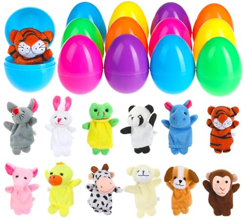 BILLMOSS Easter Eggs with Finger Puppets - 12 Packs Prefilled Easter Basket Stuffers Party Favors for Kids Filled Easter Eggs Hunt