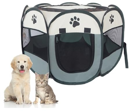 Tecageaon Portable Foldable Pet Playpen Exercise Pen Kennel Tent Indoor Outdoor Water-Resistant Removable Shade Cover for Puppies Kittens Cats Small Dogs (Grey)