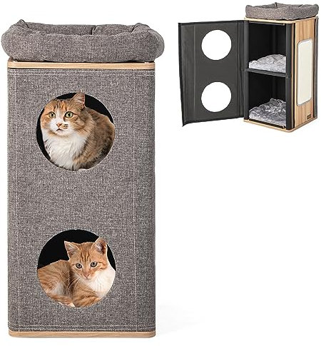 GYMAX Kratztonne 77.5 cm hoch Ø 38 cm, Kratzbaum mit Katzentonne mit 2 Höhlen, Sitzplattform, Kratzbrett & abnehmbaren Kissen, modernes Katzenmöbel, Grau