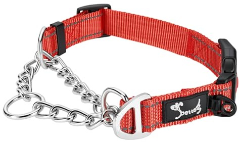 PETTOM Collier pour Chien en Nylon avec Chaîne de Dressage, Collier Martingale Chien Grand Moyen, Réfléchissant et Réglable (Rouge, S)
