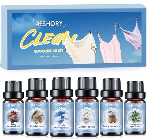 Aeshory 6 x 10ml Laundry Essential Oils Set, Natural Clean Fragrance Oil for Diffuser, Candle, Soap Making - Fresh Unstoppable, Linen, Cotton Fresh, Eucalyptus&Spearmint, Fairy Laundry, Rose Wonder