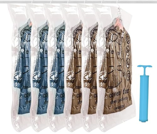 Wenrecu Lot de 6 sacs sous vide à suspendre pour vêtements, avec pompe à main, gain de place, organisateurs de garde-robe (135x70 cm)