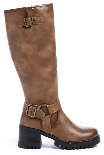 URBAN ROSA Stivali Donna Biker con Tacco a Blocco, Fibbie Decorative e Suola Antiscivolo – Stivali Moto alla Moda (Marrone, 39 EU, Adulto, 39, Numero, Sistema Taglie Calzature EU, Media)