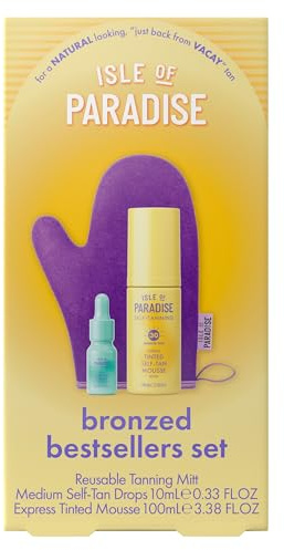 Isle of Paradise Self-Tanning Bronzed Set, Natural-Looking Glow, 3-Piece | Express Tinted Mousse, Face + Body Medium Tan Drops & Reusable Mitt, Streak-Free Application, Build from Light to Full Bronze