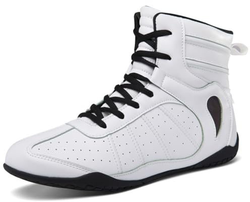 Hixingo Chaussures de Lutte pour Homme Femme 36-46, Chaussures de Boxe avec Antidérapantes Semelles en Caoutchouc Légère et Respirantes pour Boxe, Kickboxing, Lutte (QJ-996 Blanc,39)