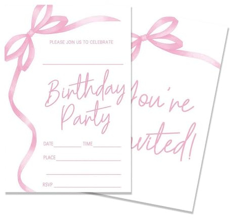 25Pcs Pink Bow Girls Party Invitations, Elegant Birthday Party Invitations, Birthday Invitations for Girls and Women, Sweet Bow Invitation Cards