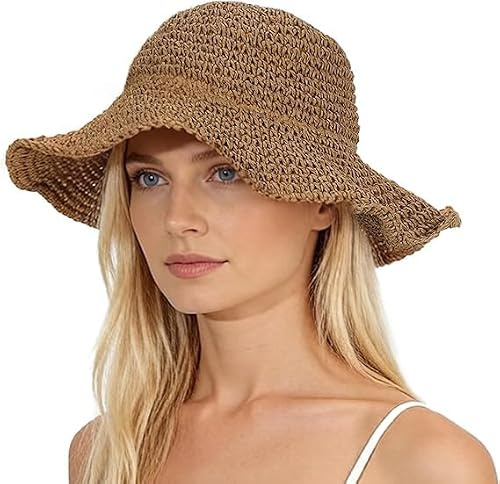 Cappello da Donna in Paglia con Tesa Larga Pieghevole Cappelli Estiv Paglia Traspirante e Leggero, Protezione Solare per la Spiaggia, Le Vacanze e i Viaggi (Kaki)
