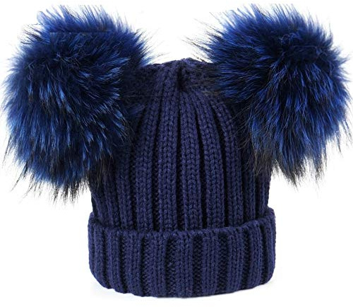 Brillabenny Cappello Berretto Donna Blu Modello Cuffia Vera Pelliccia PON PON Misto Lana Luxury Hat