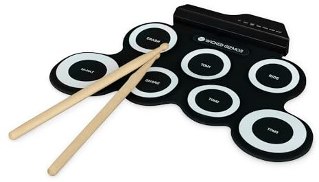 WICKED GIZMOS Electronic Drum Mat – Portable Roll Up Digital Music Pad Instrument for Beginners and Children - Learn to Play and Record your Own Beats – Digital Snare Tom Crash Ride Pedal Sticks