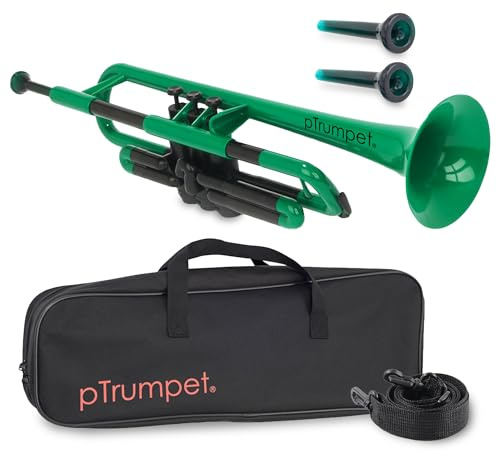 pTrumpet Bb Plastic Trumpet - Durable pInstruments Design with Ergonomic Grip - Includes 3C & 5C Mouthpieces and Carrying Bag - Authentic Sound for Students & Beginners - ABS Build - Green