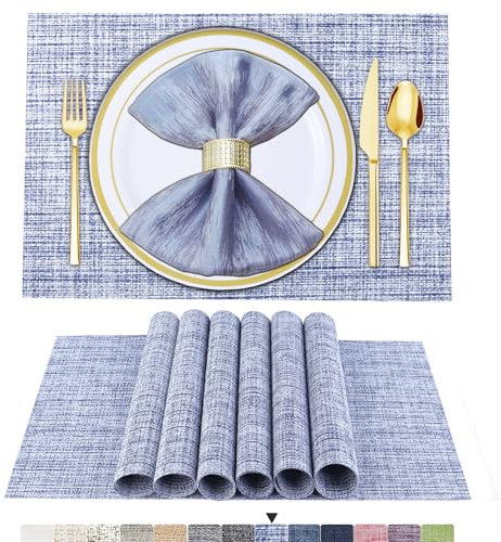 BETEAM Platzsets Abwaschbar 6er Set Vinyl Tischsets für Esstisch Waschbar Küchen Platzdecken Langlebige Tischsets für Drinnen Draußen-01 Blau Weiss, 6er Set