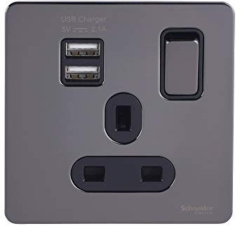 Schneider Electric Ultimate Screwless Flat Plate - Switched Single Power Socket with USB Charging Ports, 2.1A Shared, Double Pole, 13A, GGBGU34102USBABBN, Black Nickel with Black Insert