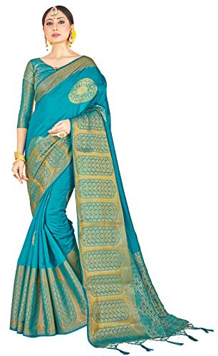 Elina fashion Sari para mujer Banarasi Art Silk Woven Sari – Diwali indio regalo festival sari y blusa sin costuras, Verde azulado, Talla Unica