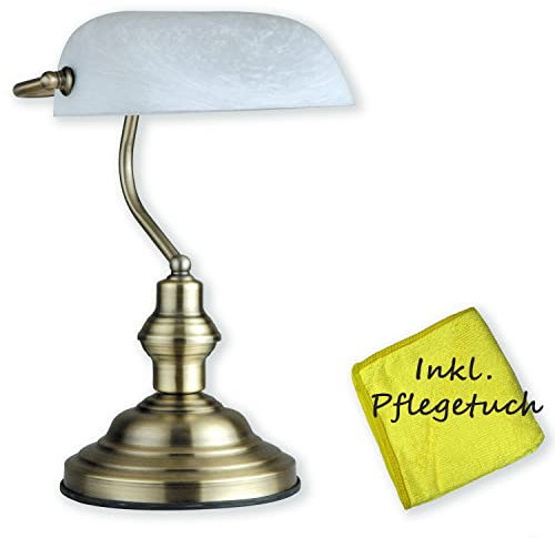 bmf-versand Bankerlampe Weiß Messing - Schreibtischlampe Retro mit weißem Lampenschirm - Banker Tischlampe Büro - Schreibtischleuchte mit Pflegetuch - Bürolampe Schreibtisch Höhe 36 cm