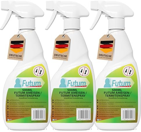 Futum 3x500ml Anti-Ameisenspray Hochwirksam gegen Ameisen, Larven und Eier, für Innen- & Aussenbereich, Wasserbasis, geruchsarm, fleckenfrei