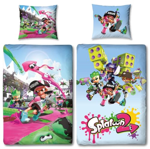 Splatoon 2 vändbara sängkläder, grupp 135 x 200 cm + 80 x 80 cm, 100 % bomull, é-linon-kvalitet, barnsängkläder inklusive Octolings Splatsville Octo Expansion Switch 2 motiv, dragkedja