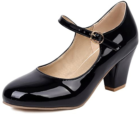 Lizoleor Mary Janes Femme Talon Carré Bout Fermé Bride Cheville Boucle De Mariée Fête Elegantes Vernis Noir Taille 39 EU/40CN