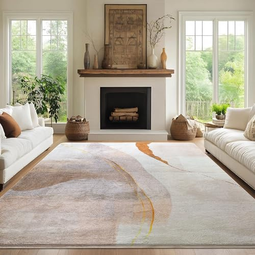 Cinknots Tapis Salon à Poils Courts Antidérapant - Tapis de Chambre Moderne Abstrait,Super Doux Decoration Maison Grand Interieur Moquette,Brun/Or,200x300cm
