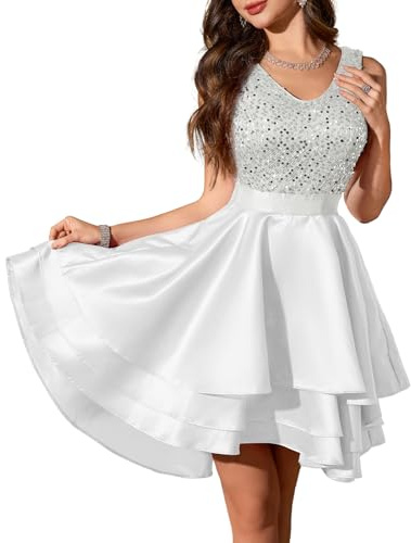 Meetjen Women's Satin Homecoming Dresses for Teen Formal Short Sequin Cocktail Dress High Low V Neck A-line Prom Dress